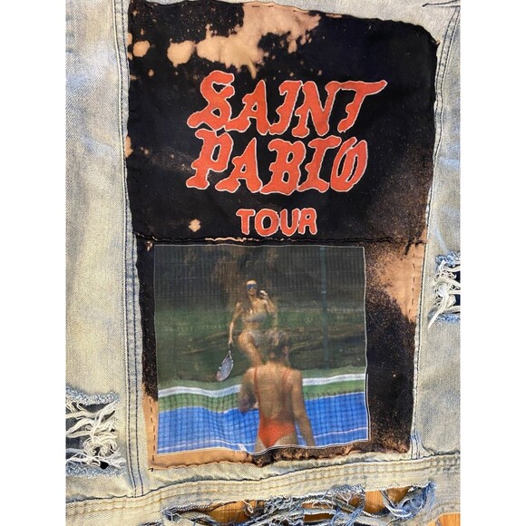 Upcycled Saint Pablo Patch Denim Jacket OOAK Distressed Bleached Street Grunge - Picture 2 of 16